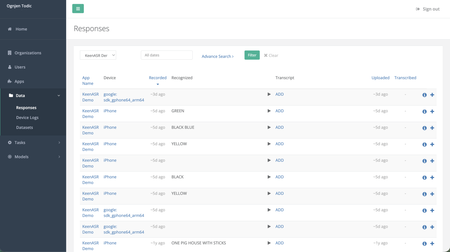 Dashboard responses list